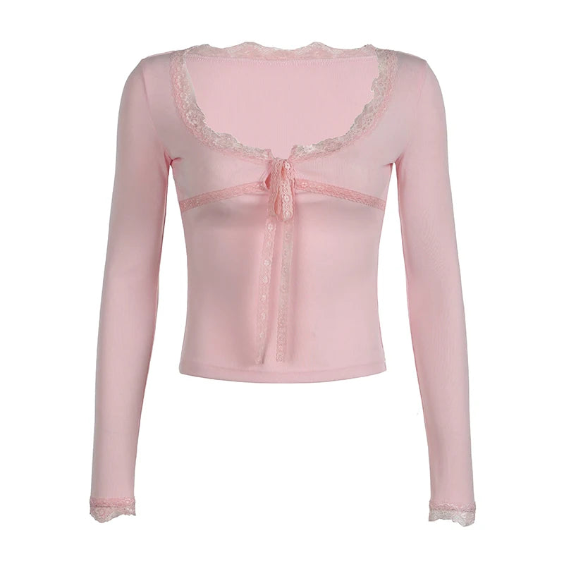 Camiseta de encaje con retazos Y2K para mujer, top corto ajustado con cuello cuadrado rosa, tejido de manga larga, bonitos conjuntos coreanos