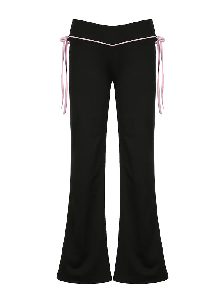 Pantalones acampanados Y2K de cintura baja con cordones en contraste para mujer, negros, básicos, sencillos, informales, de estilo dulce