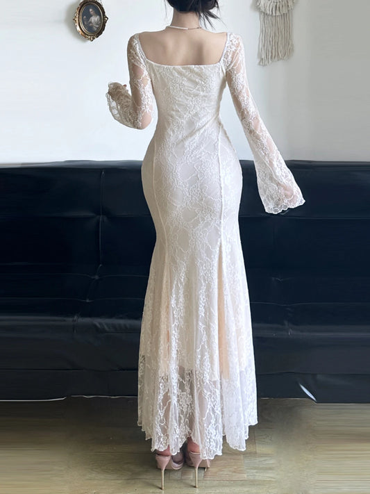 Fairycore Retro Flowers Lace V-Neck tulle Dresses Women Gentle Elegant Flared Sleeve Mermaid s Trendy Dresses