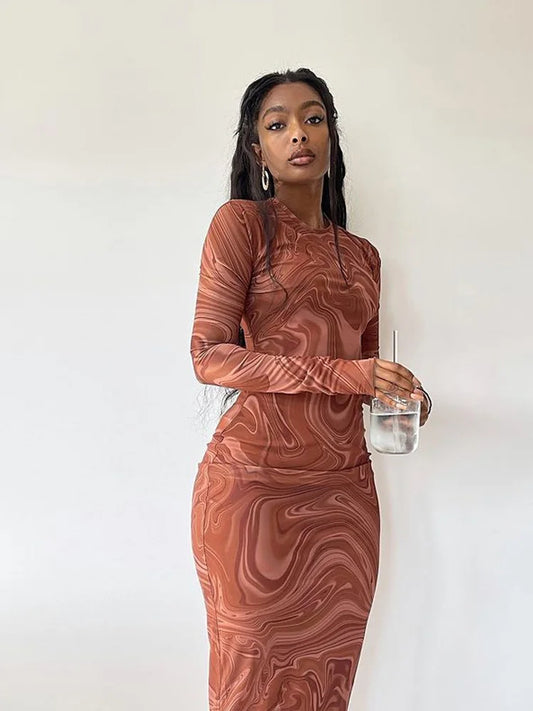 Vestidos largos ajustados para mujer, traje de una pieza para club, ropa de fiesta de noche, cuello redondo, media pantorrilla, vestidos sexis De mujer, ropa de calle