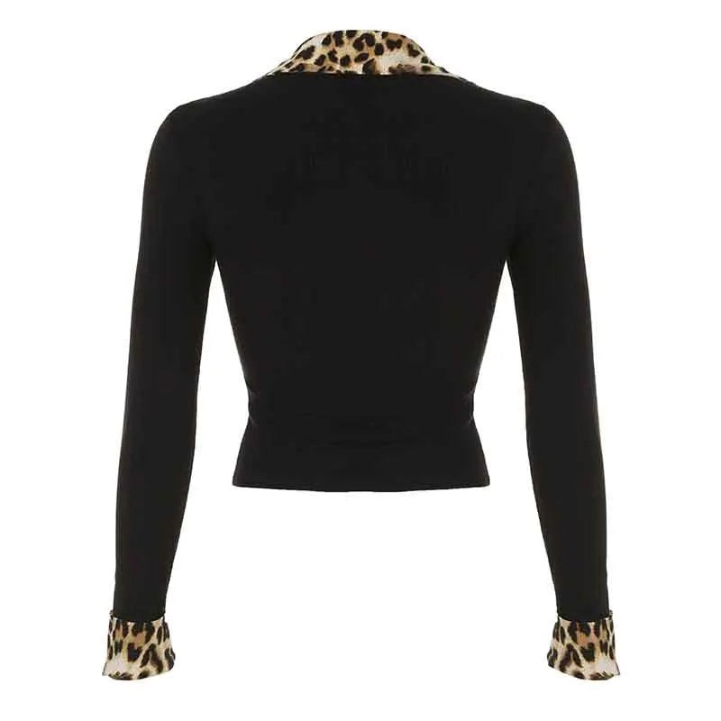 Blusas de manga larga con botones y cuello vuelto de leopardo para mujer, nuevas camisetas básicas y elegantes de punto para otoño