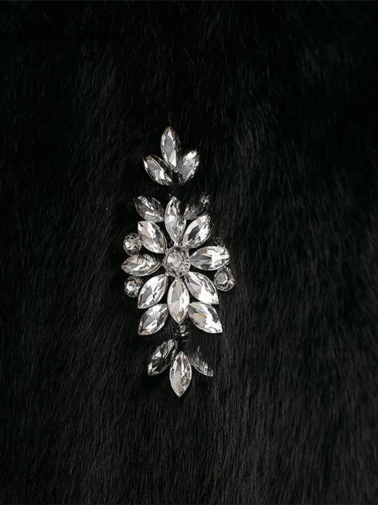 Abrigo de piel con joyería vintage para mujer, chaqueta holgada de manga larga con cuello redondo y felpa negra de invierno, abrigo grueso y cálido elegante para mujer