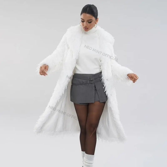 Abrigo de piel ecológica con plumas de High Street para mujer, chaqueta de piel sintética de zorro con solapa de invierno, abrigo largo y esponjoso liso para mujer