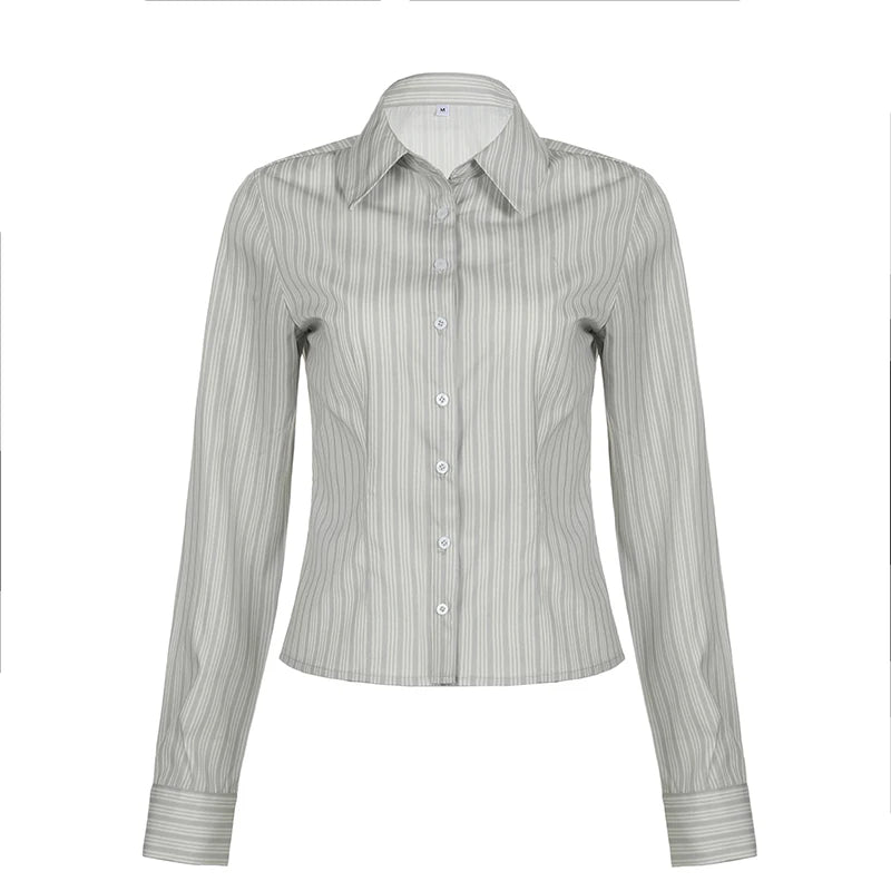 Blusa a rayas para mujer, camisa de oficina con cuello vuelto, camiseta minimalista, blusa básica de moda, ropa de calle de primavera