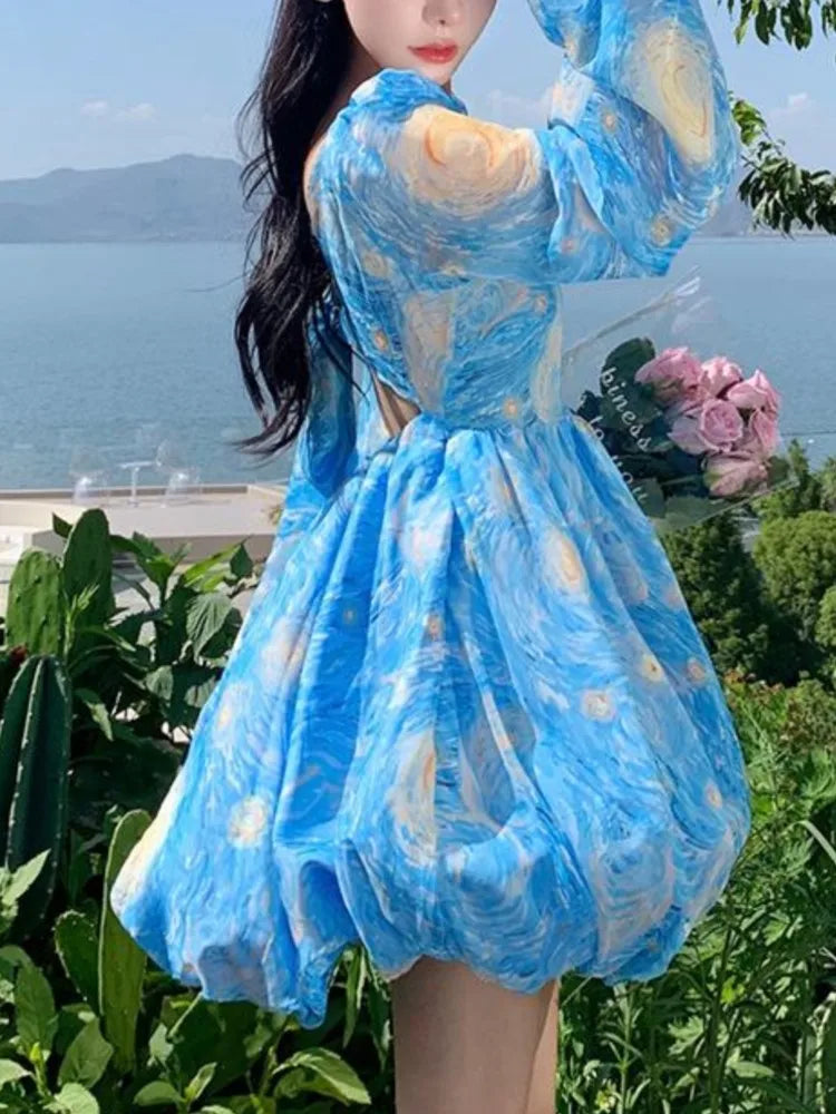 Elegante vestido corto estampado para mujer, sin espalda, estilo playero, con mangas abullonadas, corte A, floral, minivestido de una pieza para mujer