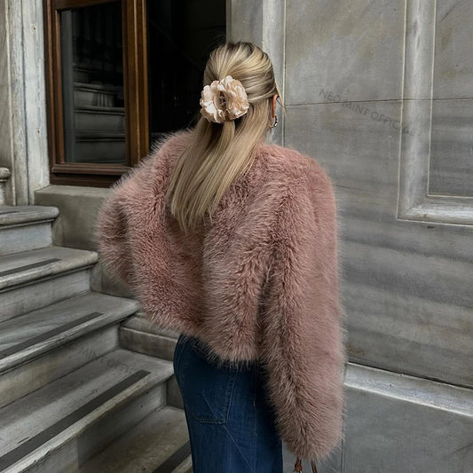 Marca de moda de invierno dulce rosa recortado abrigo de piel sintética para mujer ropa de calle Ins Chic Girls chaqueta de piel de zorro esponjosa para mujer