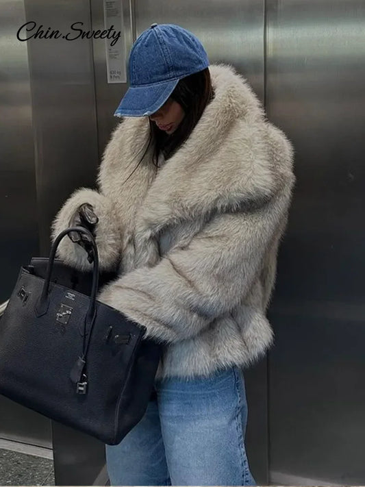 Abrigo de piel sintética con degradado de invierno para mujer, chaqueta holgada de lujo con cuello de piel grande y bolsillos, abrigos de moda para mujer, abrigos de calle.