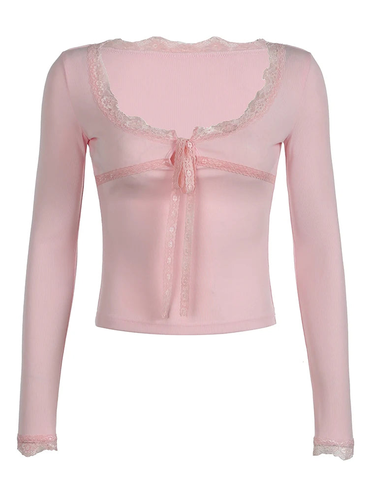 Camisetas básicas de manga larga ajustadas y dulces de color rosa para mujer, camisetas con lazo cruzado de encaje y retazos, lindas camisetas japonesas kawaii Y2K