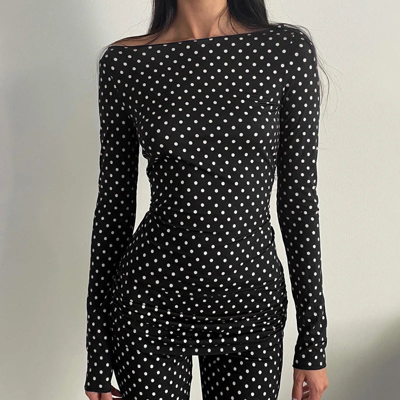 Women Dot Print Fitted Crop Top Elegant Casual Long Sleeve Vintage T-shirt Autumn Fashion Basic Tees Street Outfits