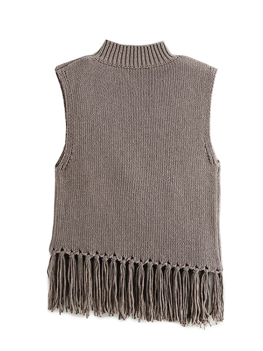 Suéter elegante de punto sin mangas con borlas para mujer, jersey de cuello alto liso vintage, suéteres femeninos de primavera, diseño chic, tops de calle