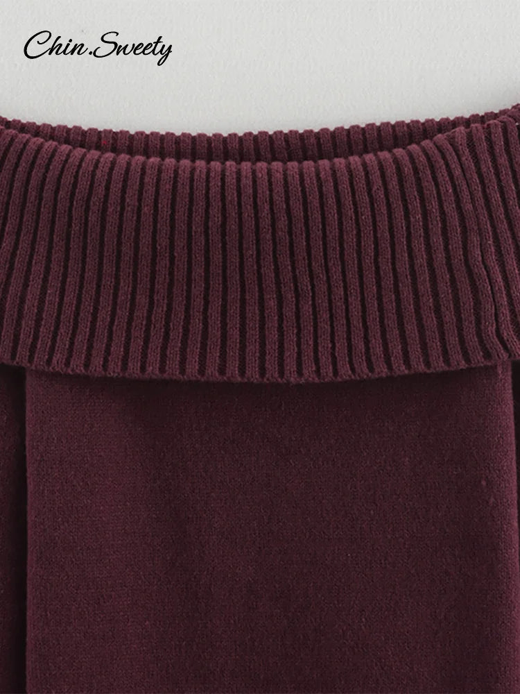 Suéter elegante burdeos con hombros descubiertos para mujer, jersey de punto de manga larga ajustado, prenda informal de punto de calle de primavera 2025
