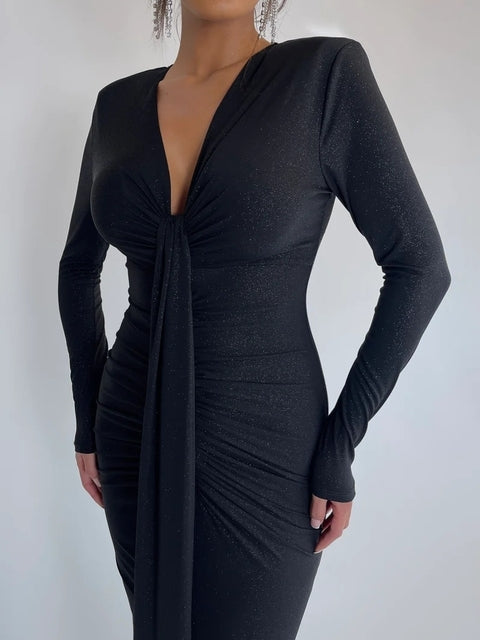 Elegante vestido de noche plisado de manga larga con cordones para mujer, cuello en V, ajustado, elástico, maxivestido para fiesta y club.