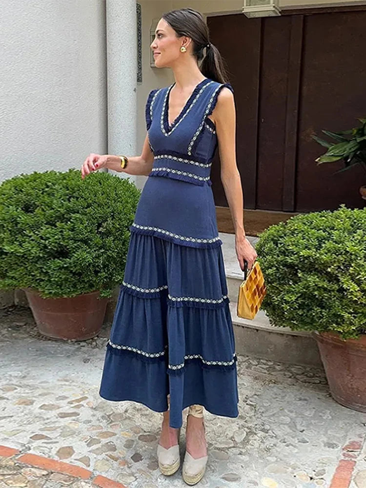 Vestido largo elegante con volantes y estampado de borlas empalmadas para mujer, cuello en V, sin mangas, corte A, elegante bata de fiesta para mujer