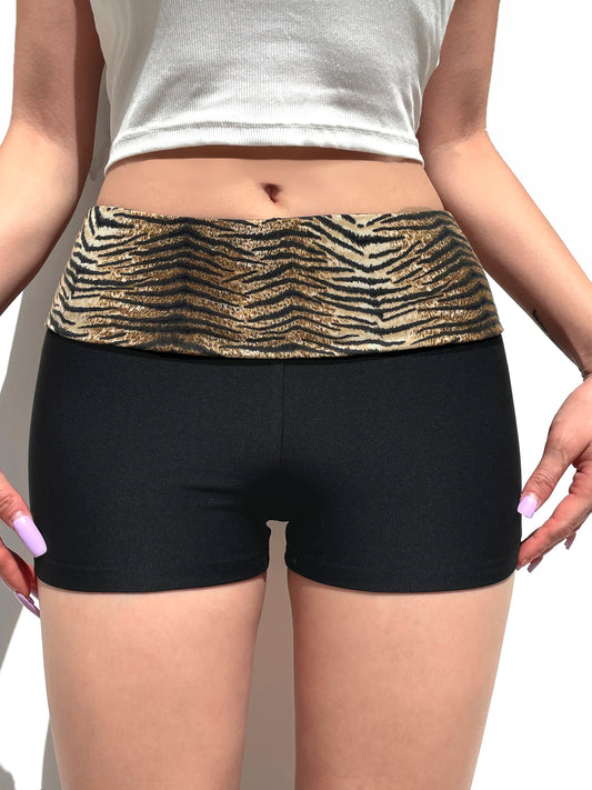 Contrast Animal Stripe Waist Slim Black Shorts For Women Summer Fashion Skinny Sexy Hot Short Pants Rave Baddie Outfits