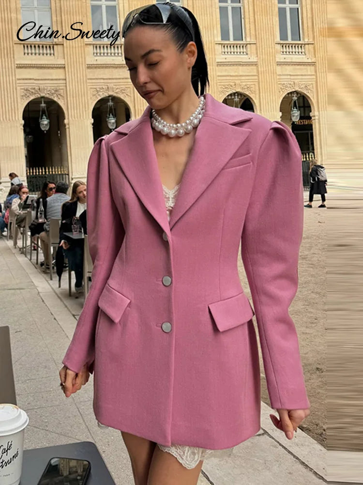 Blazer elegante para mujer, con mangas abullonadas, solapa entallada, botonadura sencilla, cintura ceñida, chaqueta femenina, primavera 2025, ropa de calle para dama