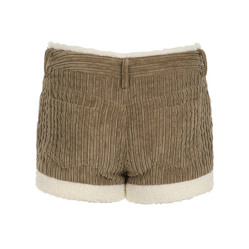 Pantalones cortos de pana para mujer, de moda, de otoño, sencillos, con ribete de piel sintética y diseño empalmado.