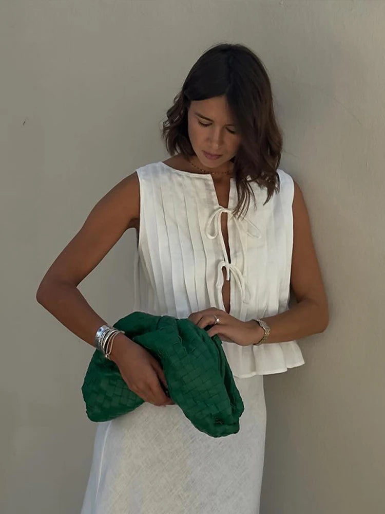 Elegant White Lace Up Tops For Women Pleated O-neck Sleeveless Ruffles Tank Summer New Chic Lady Party Vacation Vest