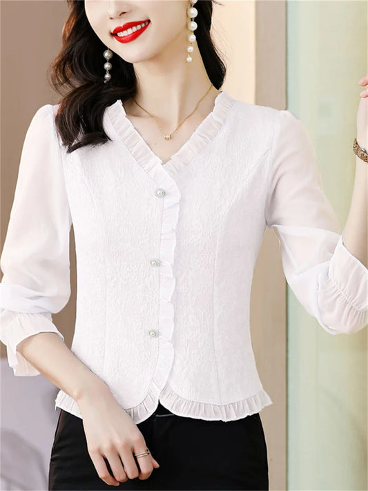 Blusas de mujer estilo primavera otoño, camisas casuales para dama, manga larga, cuello en V, color sólido, blusas, tops DF4615
