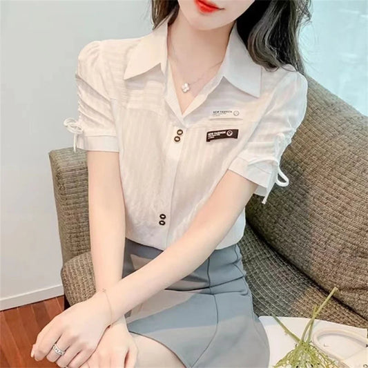 Blusas de verano para mujer, informales, de manga corta, con cuello vuelto, de color liso, DF4392