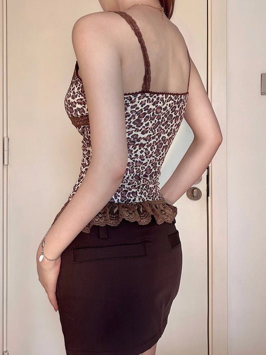 Y2k Leopard Lace Trim V-Neck Halter Tops Women Sexy Slim Hotsweet Bow Lace Up Tanks s New