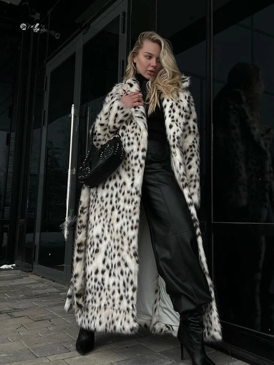Abrigo largo de piel sintética con solapa y estampado de animales para mujer, abrigo holgado de manga larga con bolsillo, abrigos de otoño e invierno, prendas de vestir cálidas y gruesas para la calle.