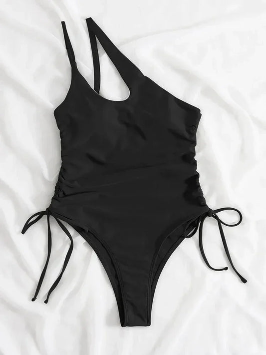 Women’s One Shoulder Swimsuit Tanga Bikini Set Two Piece Swimwear Solid Color Padded Bikini Top Bra Briefs Bottom Sexy
