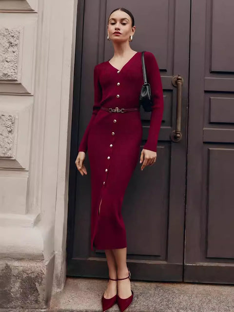 Vestido largo de punto con escote en V para mujer, cárdigan de retazos acanalados, elegante y ajustado, para fiesta, de punto, maxivestido de otoño