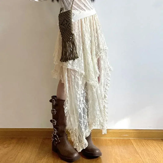 Summer Lace Asymmetrical Skirt Fairycore Women Vintage Y2K Boho Aesthetic Fashion High Waist Mid Skirts Lady Holiday Outfits