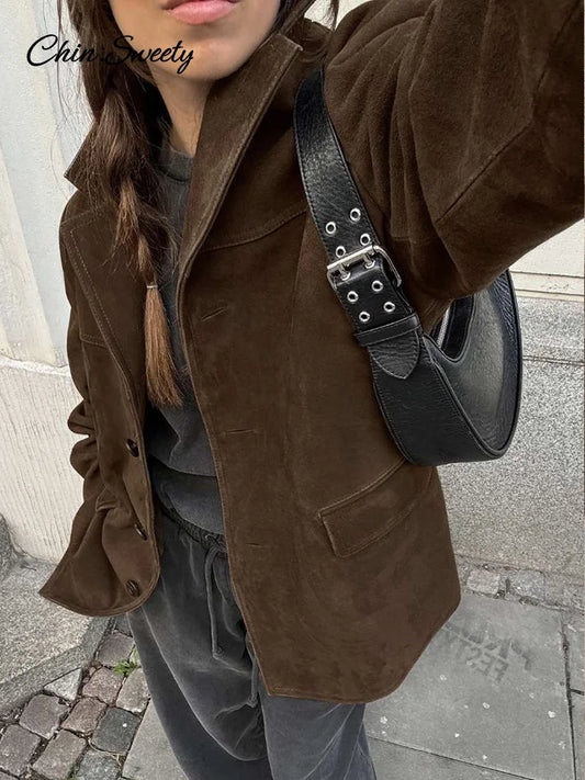 Chaquetas de gamuza para mujer, con solapa suelta, botonadura sencilla, mangas largas, bolsillos, blazer, abrigos, moda femenina de otoño, novedad en prendas de vestir exteriores.