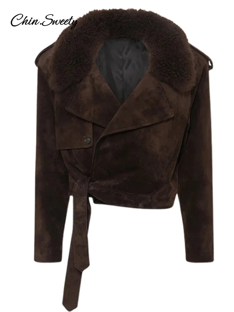 Chaqueta corta vintage de ante para mujer, con solapa, cuello de piel y cordones, abrigo de manga larga para mujer, moda de invierno, ropa de calle para mujer
