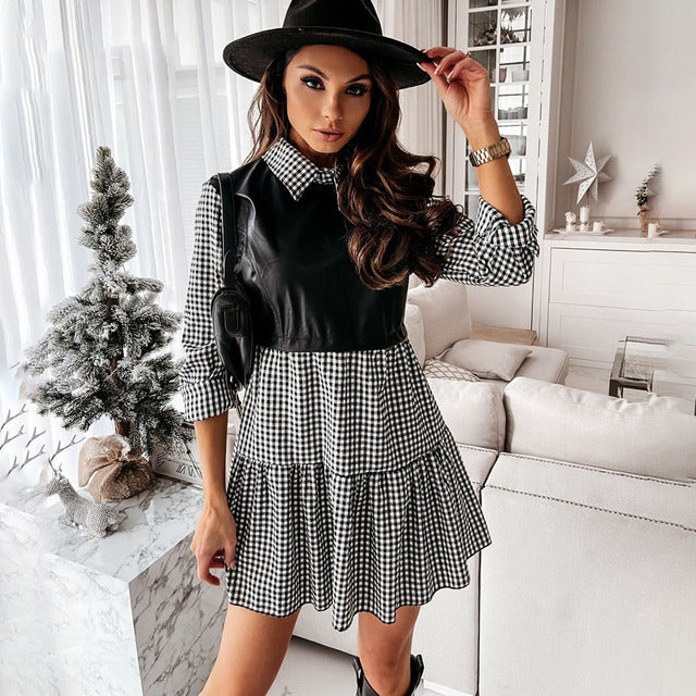 Vestido corto informal de manga larga a cuadros para mujer, vestido blanco corto de verano de piel sintética con retazos, minivestidos dulces de oficina para mujer