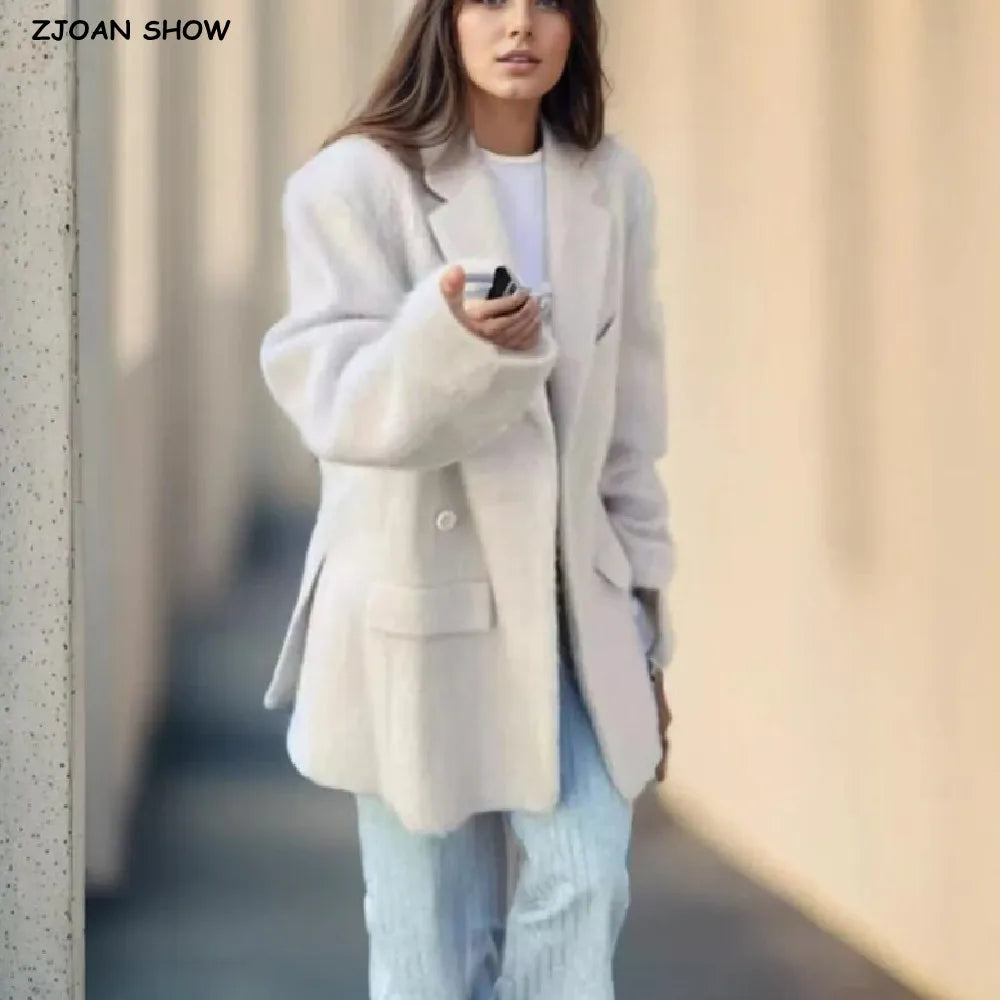 Blazer largo y peludo estilo boyfriend retro para mujer, con doble abertura en la espalda y bolsillos delanteros, holgado, de gran tamaño, a la moda