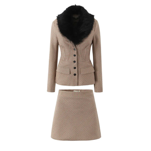 2 pieces 1 set Women Slim Boning Waist Removable Faux Fur Collar Houndstooth Plaid Blazer + High Waist A line Mini Skirt Suits