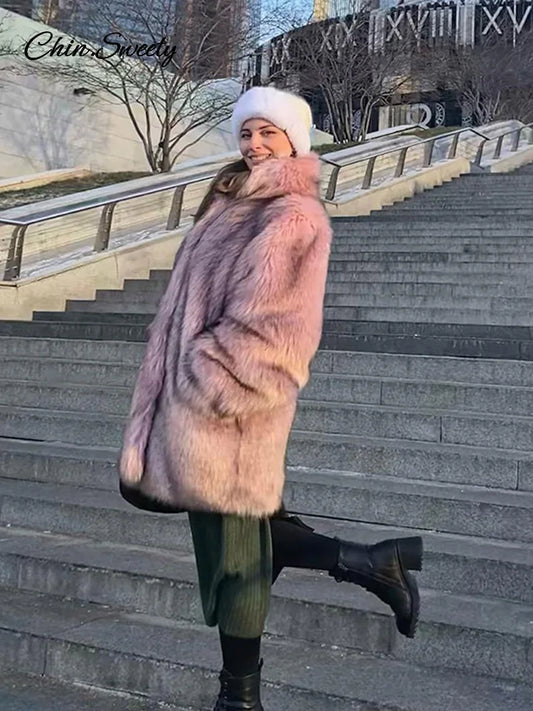 Abrigo largo de piel sintética de invierno para mujer, chaqueta de moda de manga larga con cuello de piel de gran tamaño para mujer, nueva prenda elegante, gruesa y cálida.