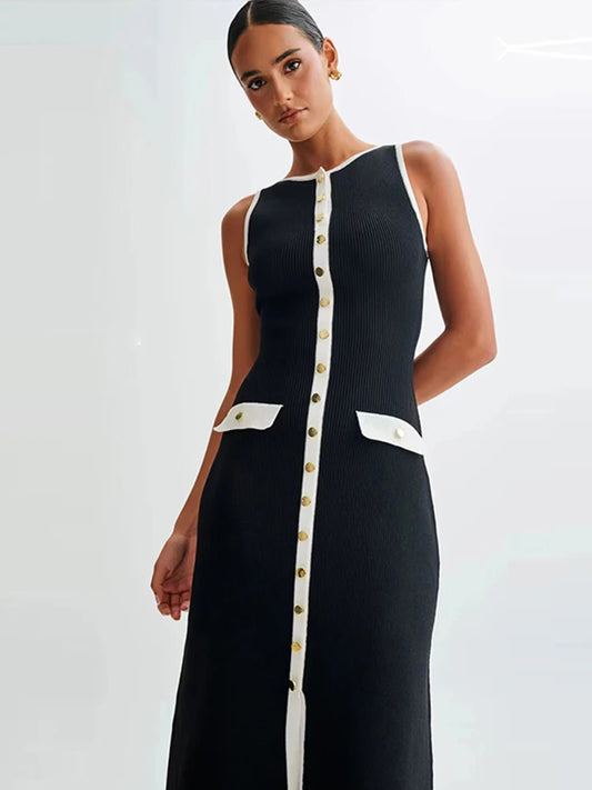 Elegant Single Breasted Knitted Maxi Dress Women Fashion O Neck Sleeveless Fake Pockets Dresses New Lady High Street Robes