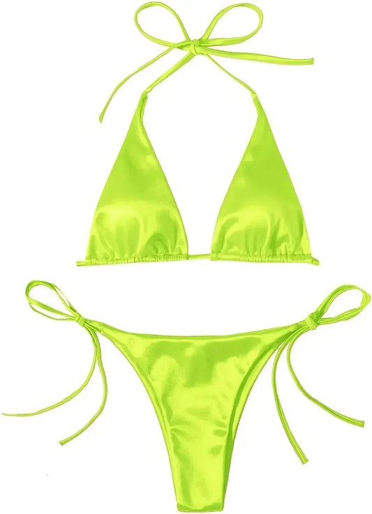 Sexy Women’s Metallic Halter Top Two Piece Swimsuit Tie Side Triangle Bikini Summer Solid Bathing Suit Beachwear Bikini Set