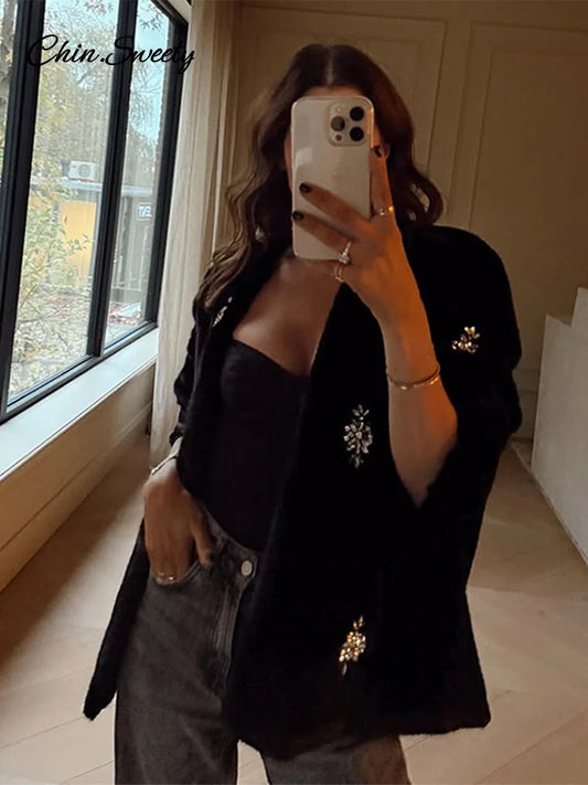 Abrigo de piel con joyería vintage para mujer, chaqueta holgada de manga larga con cuello redondo y felpa negra de invierno, abrigo grueso y cálido elegante para mujer