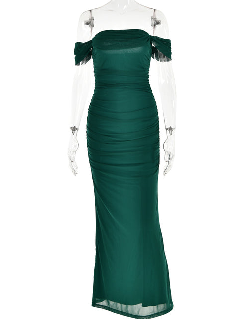 Sexy One Line Neck Mesh Pleated Dress Women Bodycon Backless Elegant Party Club Evening Vestidos Slim Maxi Long Dress