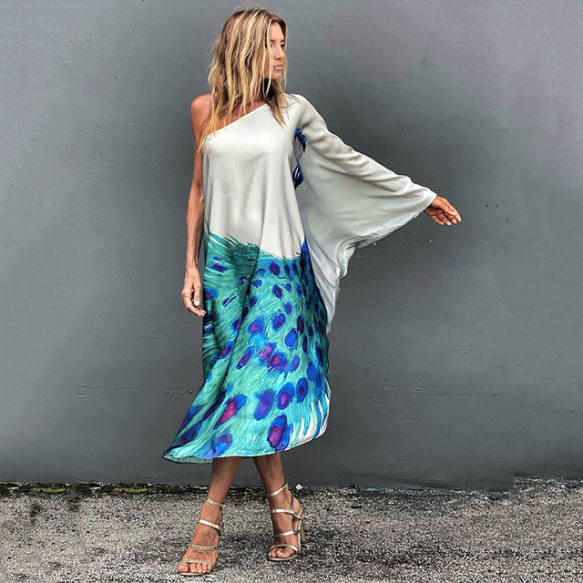Vestido largo irregular con estampado de mariposas de colores y un solo hombro para mujer, sexy, holgado, con hombros descubiertos, para playa y vacaciones, ropa de calle