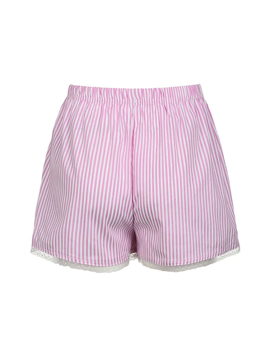 Pink Sweet Y2K Lace Trim Stripe Casual Summer Shorts Women Japanese Kawaii Elastic Waist Button Loose Vacation Outfits