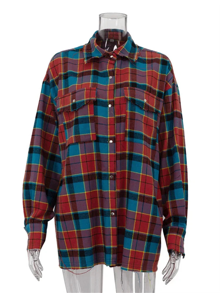 Patchwork Vintage Loose Shirts Female Casual Patchwork Pocket Long Sleeve Contrast Autumn Outwear Women’s Shirts Tee