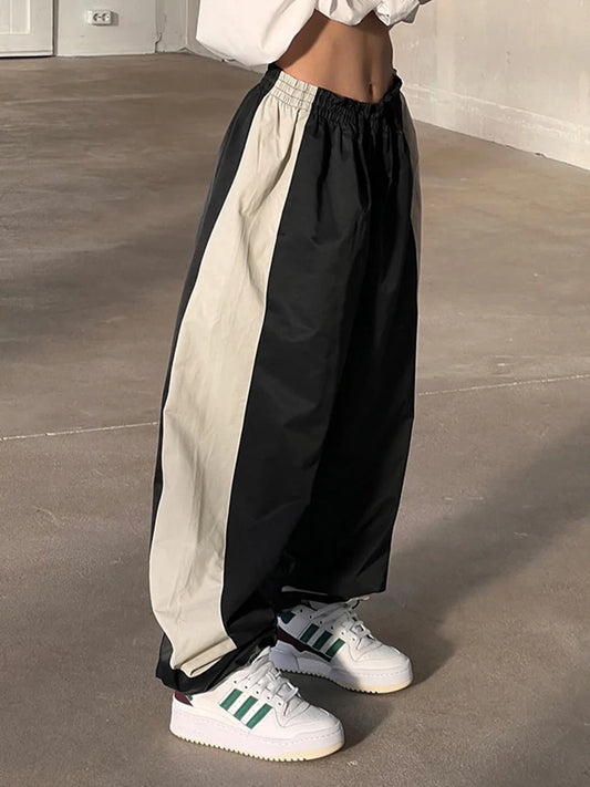 Contrast Patchwork Track Pants Women Elastic High Waist Casual Loose Hippie Baggy Trousers Woven Jogging Sweatpants