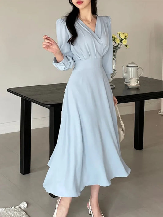 Korean Fashion Autumn Midi Dresses for Women Long Sleeves V-neck A-line Solid Casual Dress Office Lady Clothing New