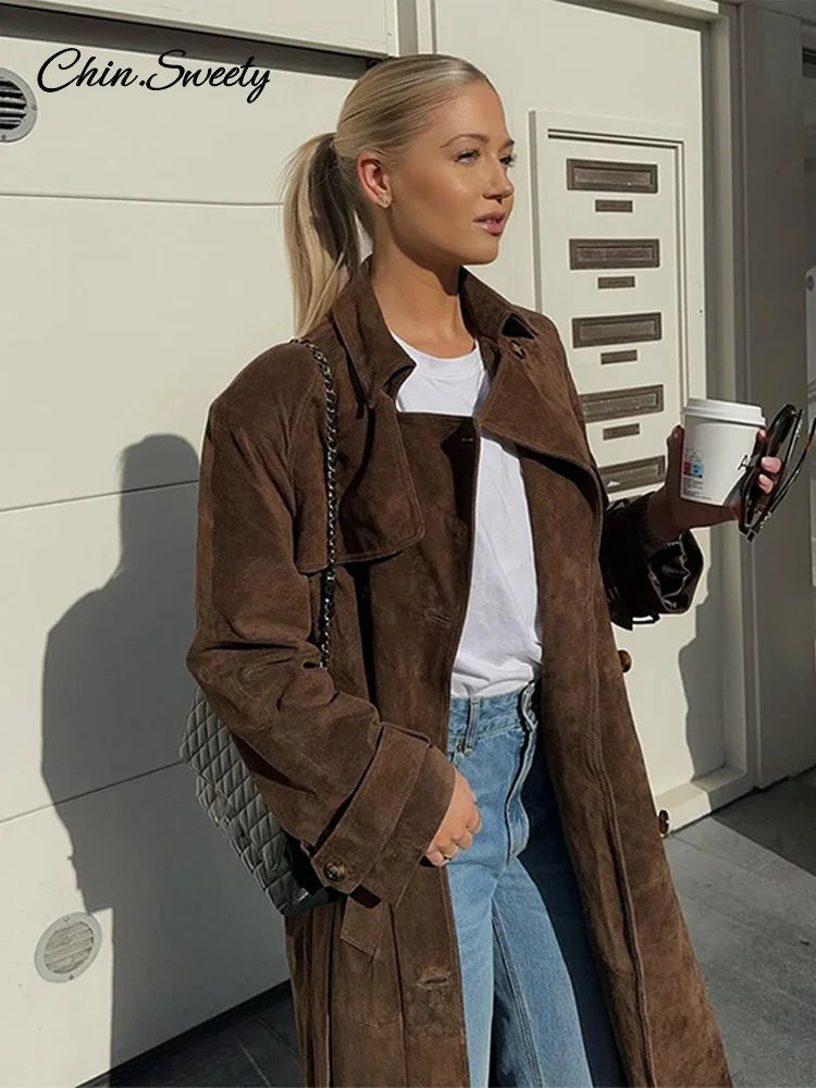 Elegante gabardina larga de ante para mujer, con cinturón, doble botonadura, manga larga, cortavientos marrón, ropa de calle de otoño para mujer, nueva
