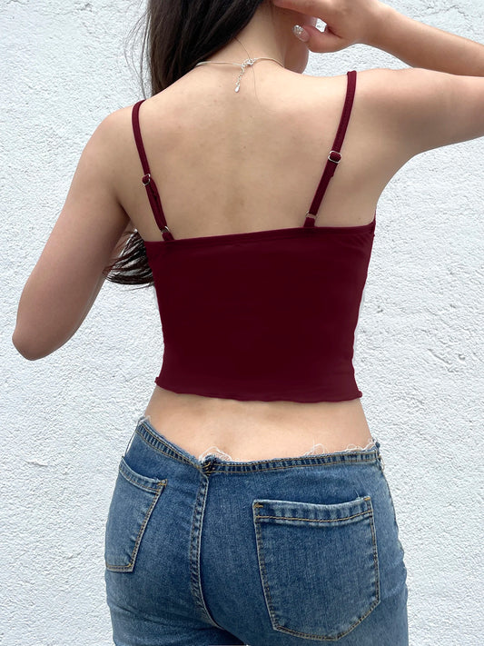 Camisola elegante vintage roja navideña con ribete de encaje y cuello en V con lazo sin mangas, top corto ajustado y bonito para mujer, ropa de calle Y2K