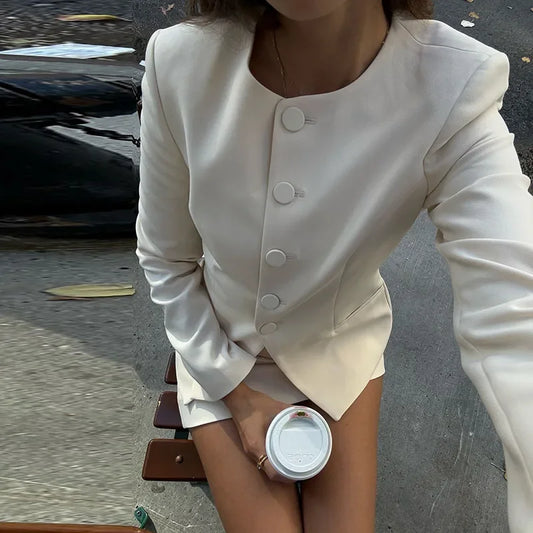 Elegant Blazer Skirt Suit Women Slim Long Sleeve O-neck Button Jacket Mini A-line Skirt 2025 Spring Lady New in Matching Outfits