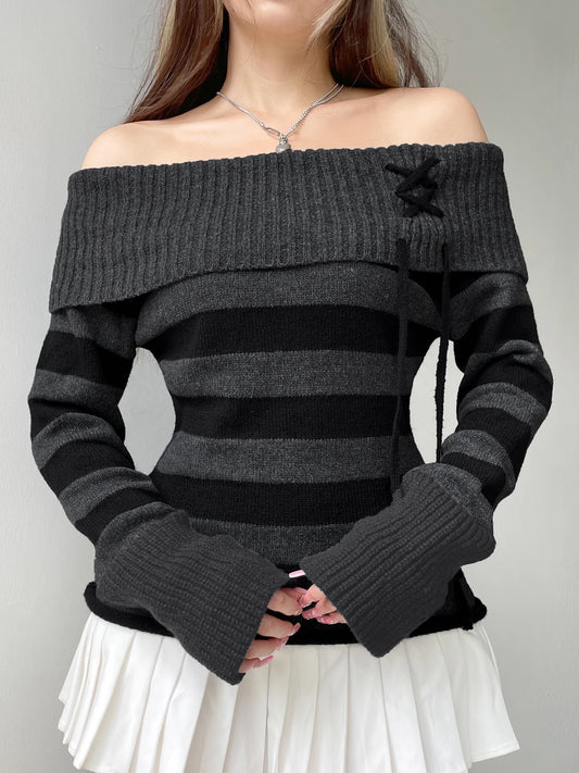 Jersey de punto a rayas ajustado con hombros descubiertos para mujer, jersey de manga larga con cuello oblicuo y cordones, moda coreana, ropa de punto urbana