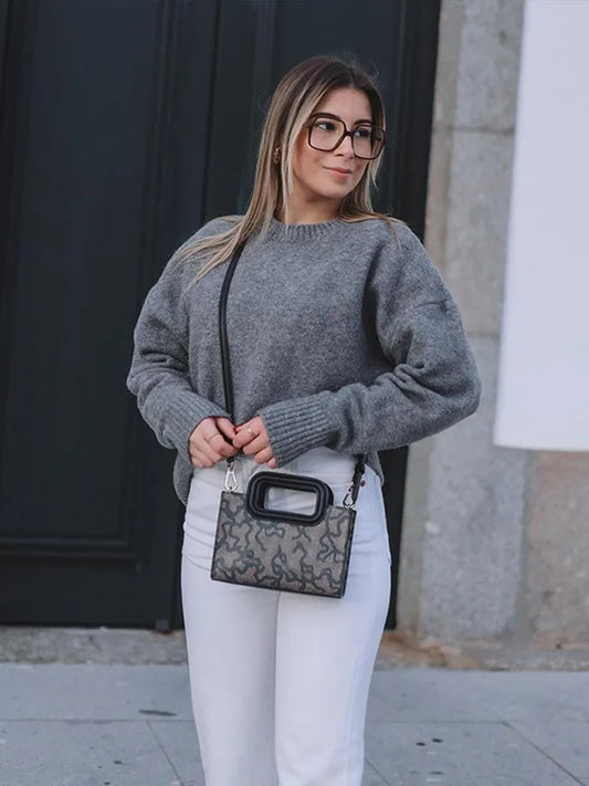 Suéteres casuales de punto con cuello redondo para mujer, suéter retro holgado de color liso, suéter femenino de otoño, elegante y chic, tops de calle a juego.