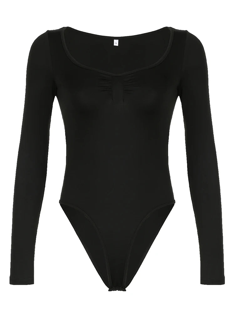 Front Ruched Skinny Long Sleeve Black Bodysuit Women Spring Autumn Solid Simple Basic Bodys Tops