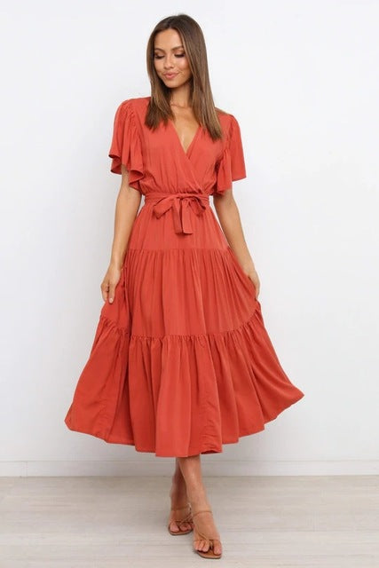 Vestidos largos con volantes de color liso de moda para mujer, sexys, con escote en V y mangas con volantes, vestido elegante con temperamento ahuecado para mujer, novedad de verano 2025